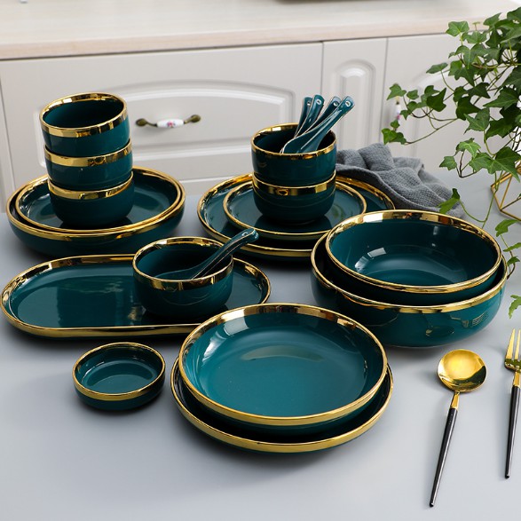 Bộ chén bát VIỀN DÀY màu xanh cổ vịt viền vàng