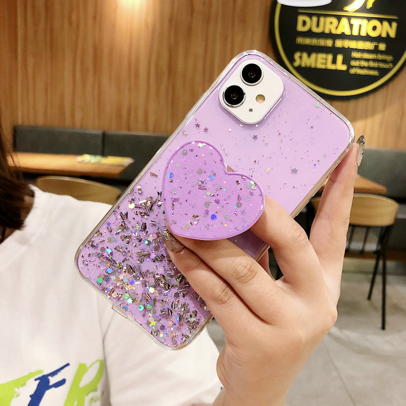 Heart stents Samsung Galaxy A20 A21S A30 A30S A31 A50 A50S A51 A70 A71 A80 A90 Transparent Glittering Star Sky with holder Soft phone case