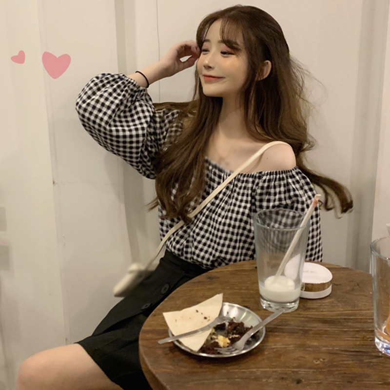 Áo Sơ Mi Chiffon Tay Dài Hở Vai Dáng Rộng Họa Tiết Sọc Caro Phong Cách Hàn Quốc Ngọt Ngào Cho Nữ