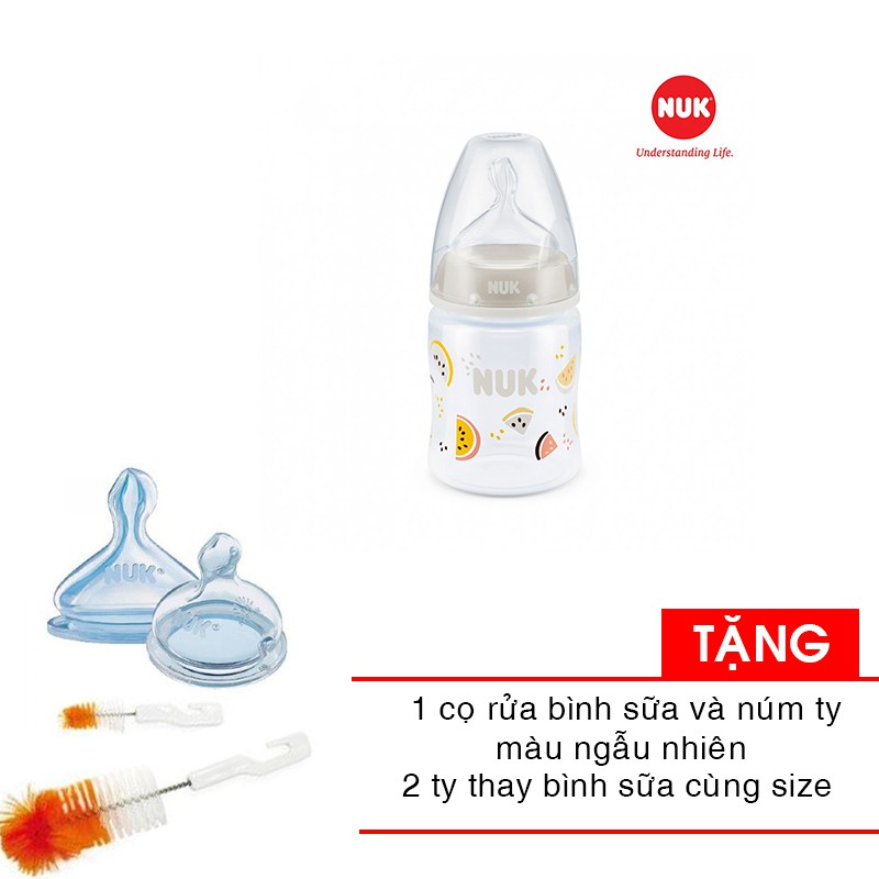 Bình sữa NUK cổ rộng PP 150ml - Ty Silicone 1M NU66132 tặng cọ rửa bình sữa và núm ty và 2 ty bình sữa cùng size