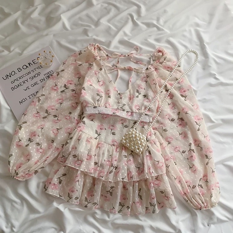 SẴN S | Set áo croptop voan hoa + chân váy xoè 2 tầng