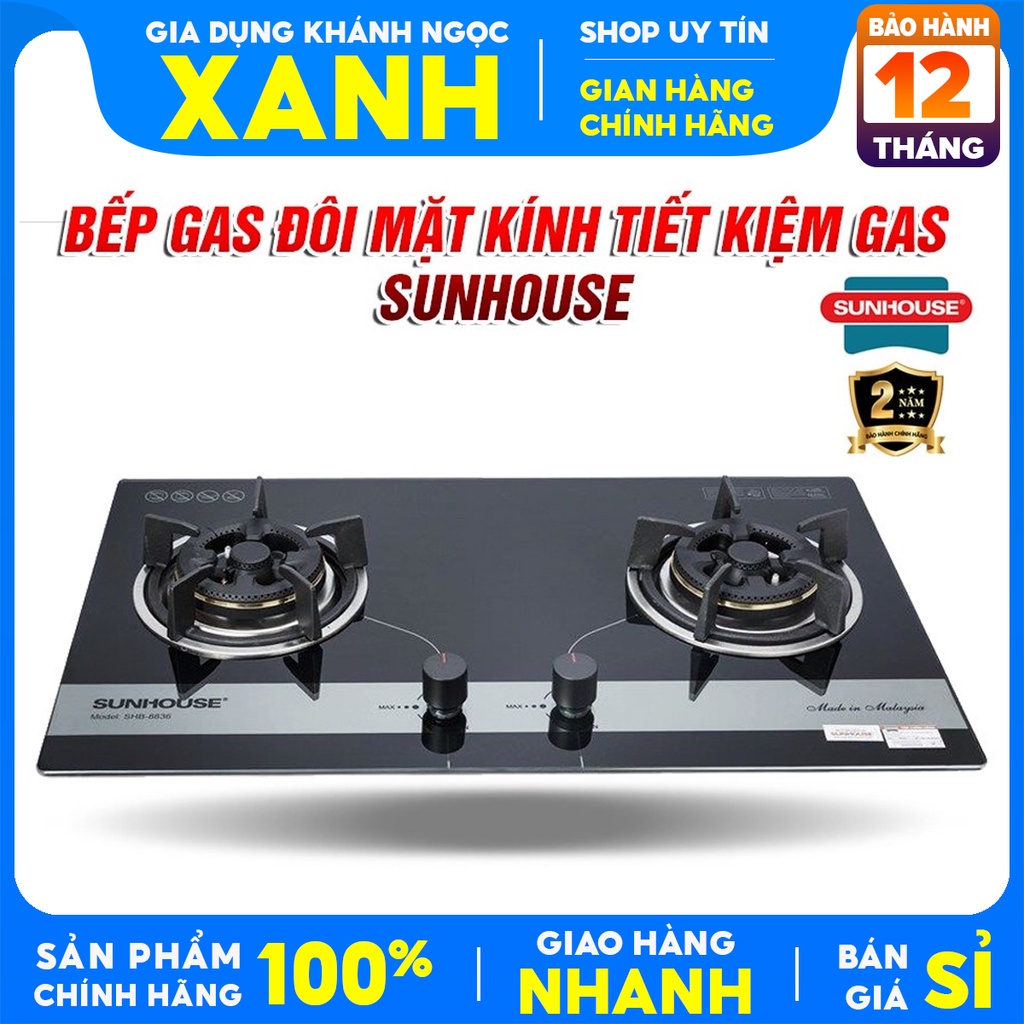 Bếp Gas Âm Kính Sunhouse SHB8836 mới Chính Hãng 100% +Tặng Van Dây gas-Đánh lửa IC-Bảo Hành 24 tháng