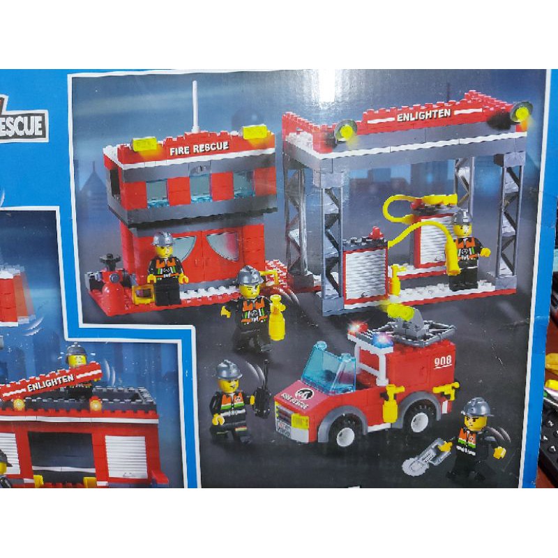 Lego enlighten brick 908 xe đầu kéo container đồ chơi lính cứu hỏa mặc đồ bảo hộ còi hụ vòi xịt nước chữa cháy gia đình