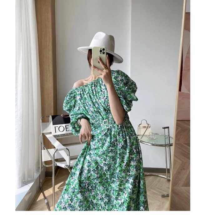 Đầm thô hoa nhí trễ vai dáng dài kèm đai vnxk