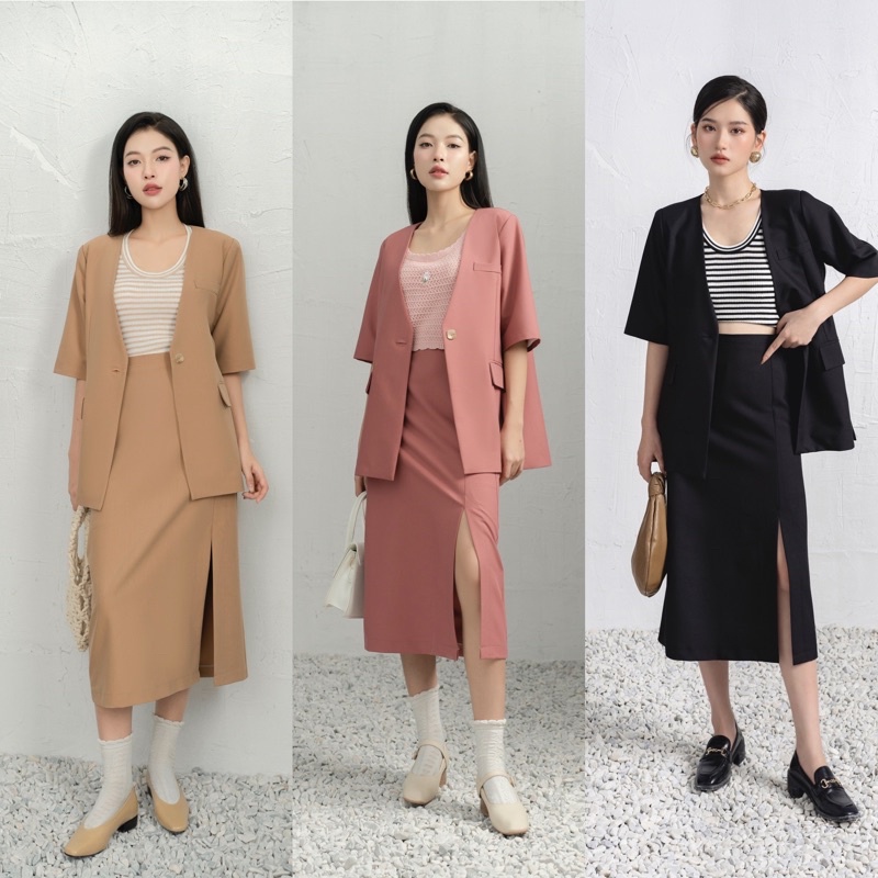 Blazer nữ cổ V và chân váy xẻ, có bán tách áo và chân váy riêng