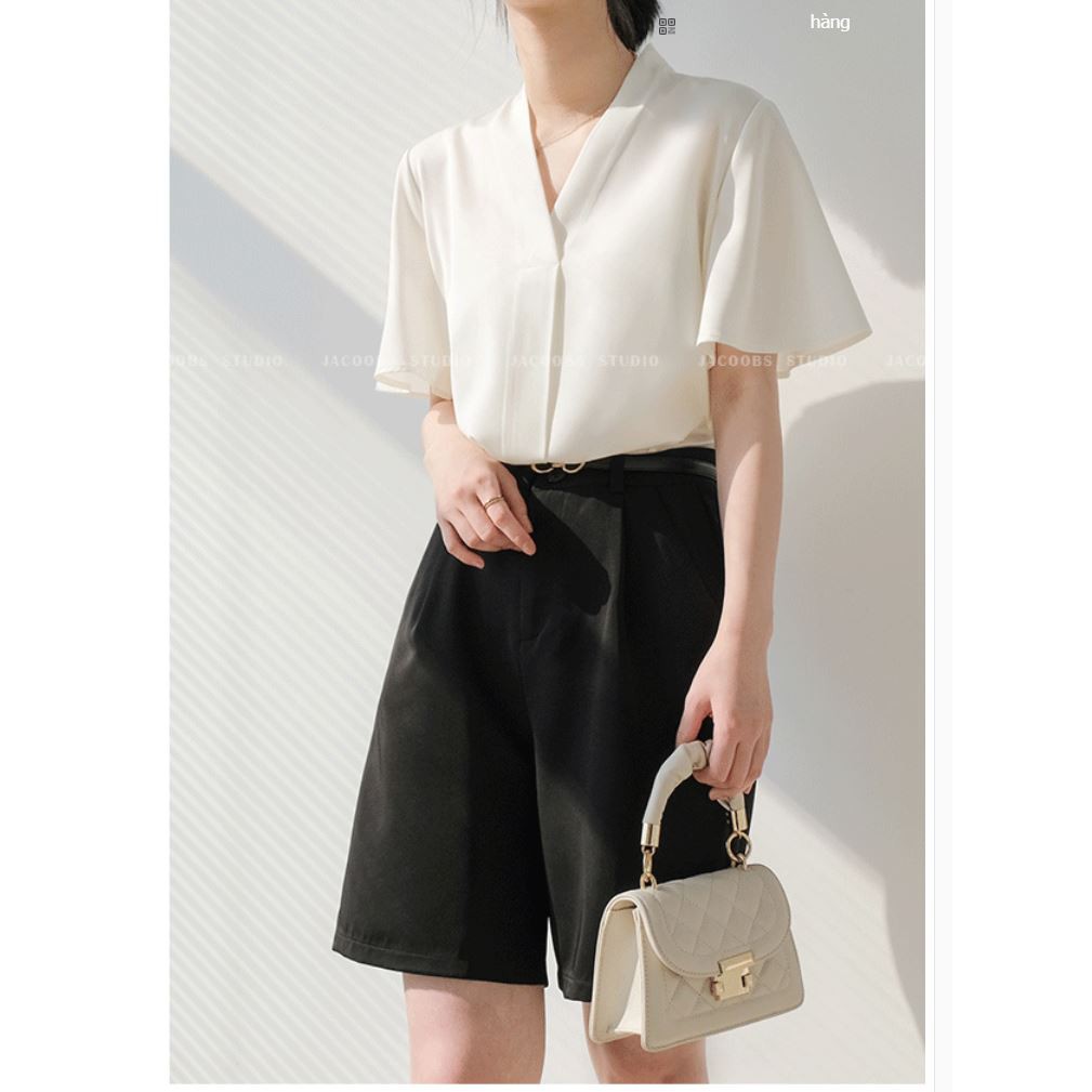 Áo sơ mi ngắn tay satin trắng cổ chữ V nữ hàng cao cấp.