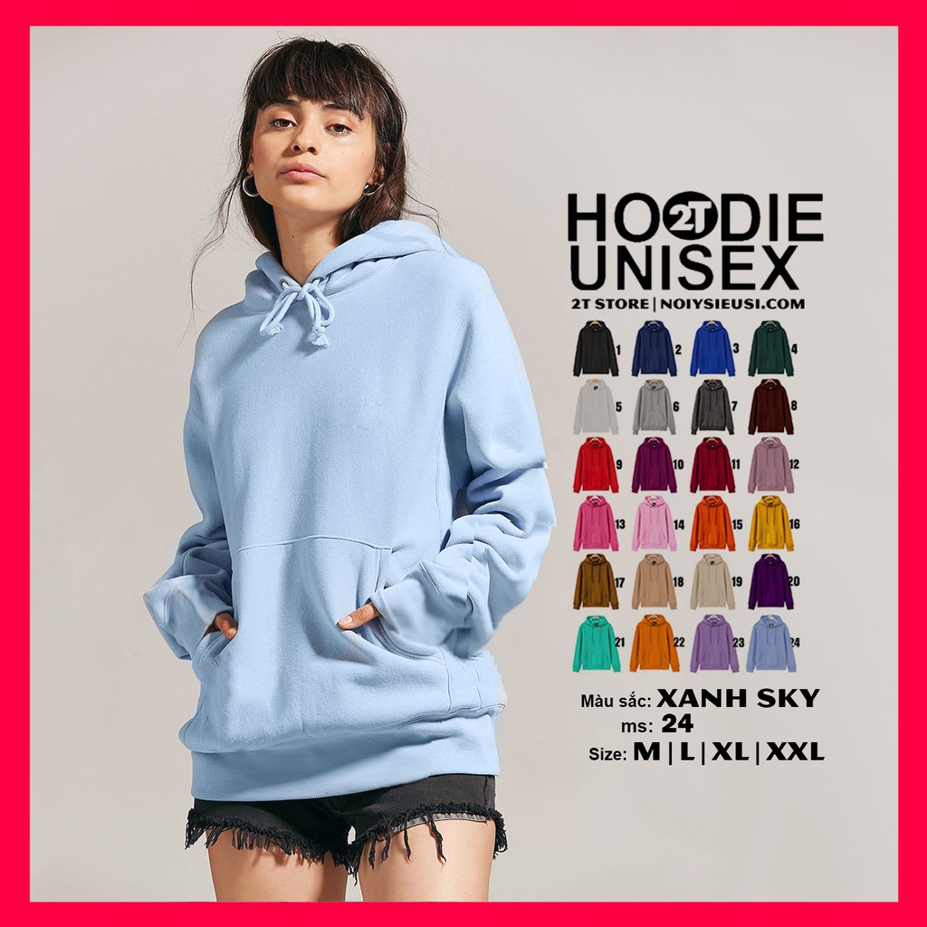 Áo hoodie unisex 2T Store H24 màu xanh da trời Sky - Áo khoác nỉ chui đầu nón 2 lớp dày dặn chất lượng tốt | BigBuy360 - bigbuy360.vn