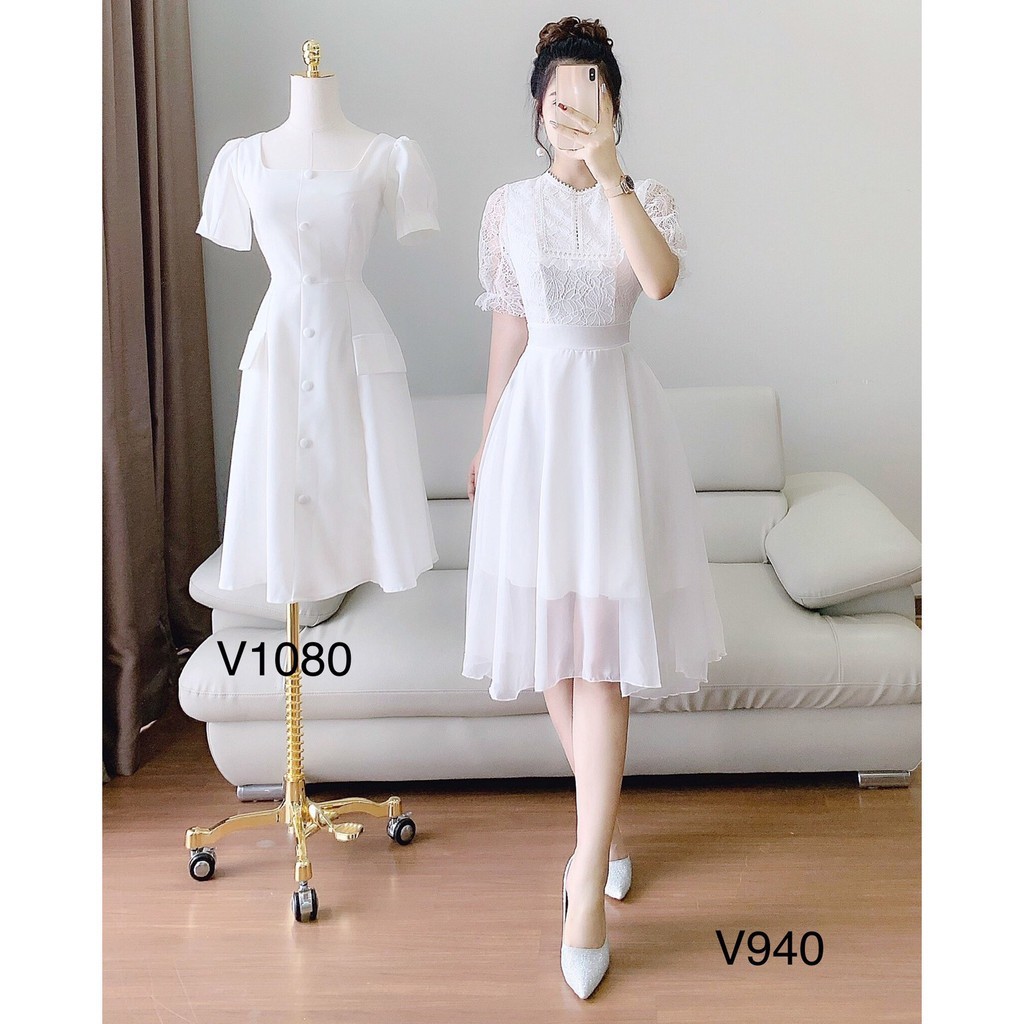 [ xả kho ] MiD Váy trắng dự tiệc voan tơ cao cấp pha ren dáng xòe V940 Mie Design kèm ảnh thật