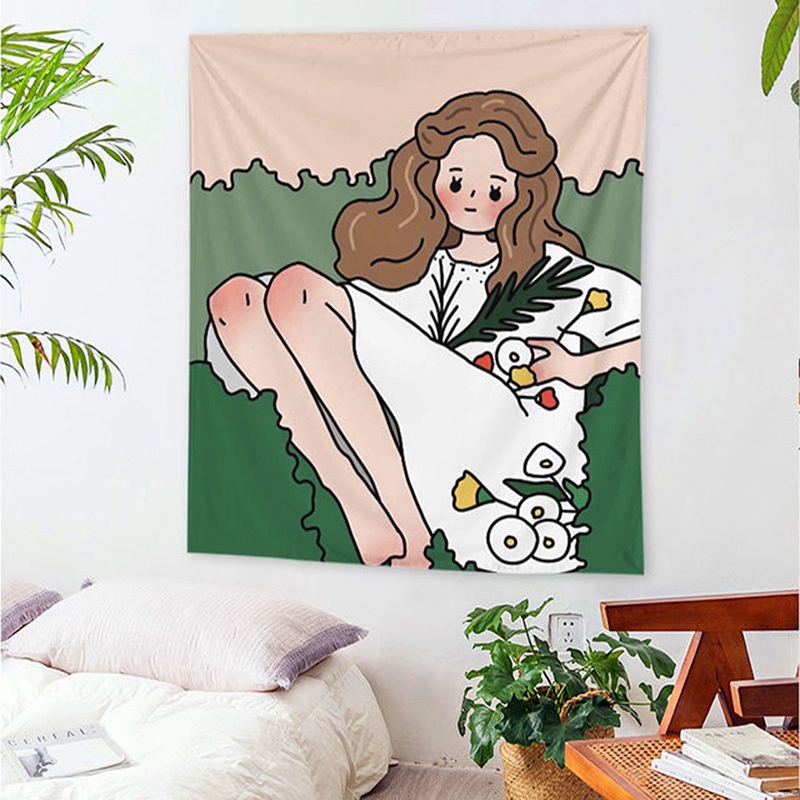 Vải treo tường trang trí phòng ngủ, phòng kí túc xá hình cô gái dễ thương (Có Sẵn)