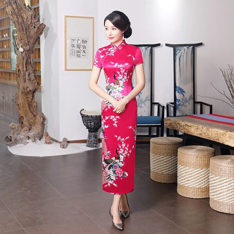 Chinese National Spring Cheongsam Long Dress Peacock Floral Vintage Silk Women Dresses | BigBuy360 - bigbuy360.vn