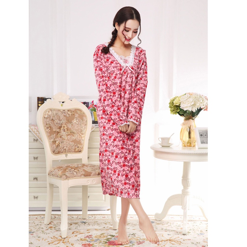 Đầm Ngủ Tay Phồng Dài Cổ Chữ V Phối Ren In Hoa Plus Size