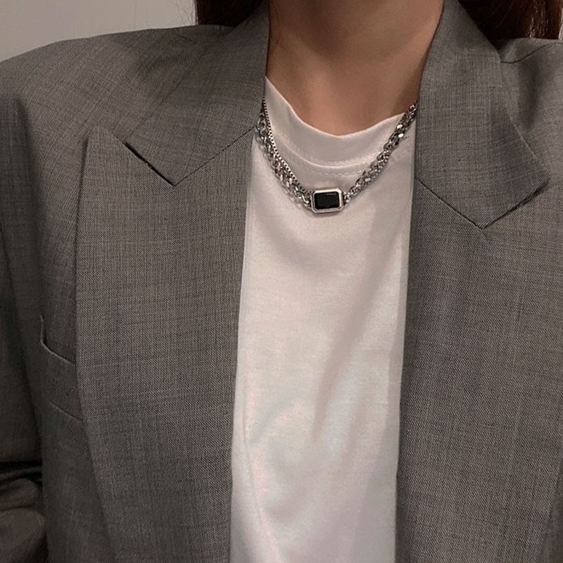 Vòng Cổ Hai Lớp Bằng Thép Titan Màu Đen Thiết Kế Hình Học Sang Trọng Cổ Điển Cho Nữ
