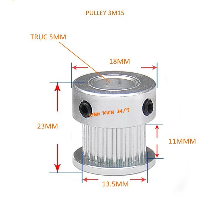 Puly Bánh Răng 3M 15 Răng Bản Rộng Đai 11mm Trục 5mm, 6mm, 8mm