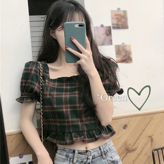 Áo Croptop Tay Ngắn Cổ Vuông Họa Tiết Sọc Caro Xinh Xắn