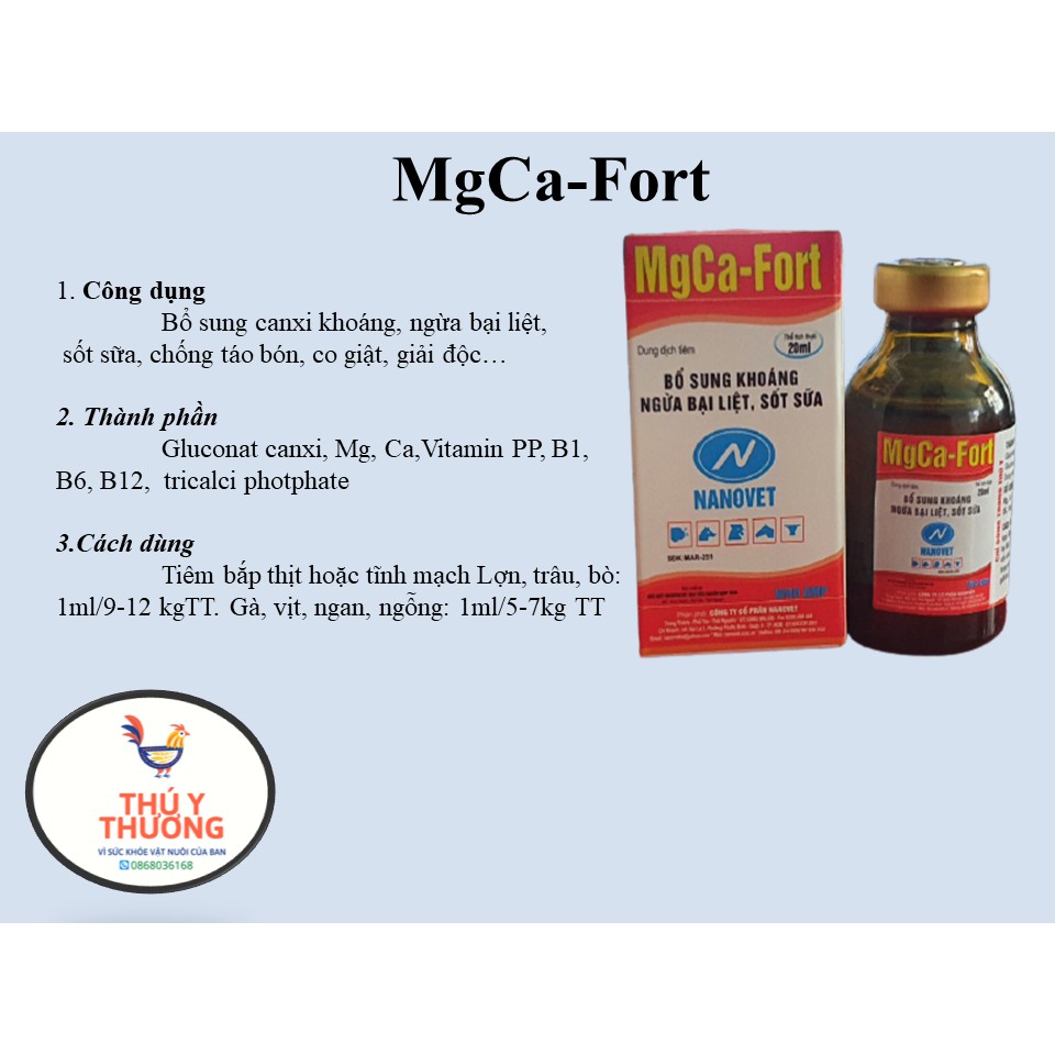 MgCa-Fort 20ml Cung cấp khoáng chất, ngừa bại liệt, sốt sữa chống táo bón cho chó, mèo, gà, vit 20ml x 5 lọ