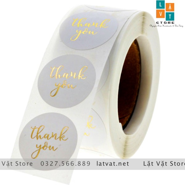 Cuộn 500 tem Decal Cảm ơn khách hàng loại nhũ vàng nền trắng - tem thank you dễ thương