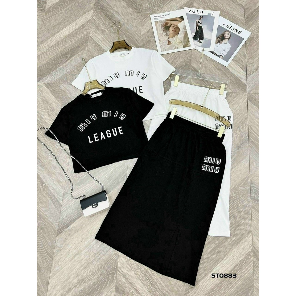 [10.10 Sales Freeship] Set váy thun nữ dáng dài, set áo thun croptop in chữ miu miu mix chân váy dài xẻ tà năng động dx