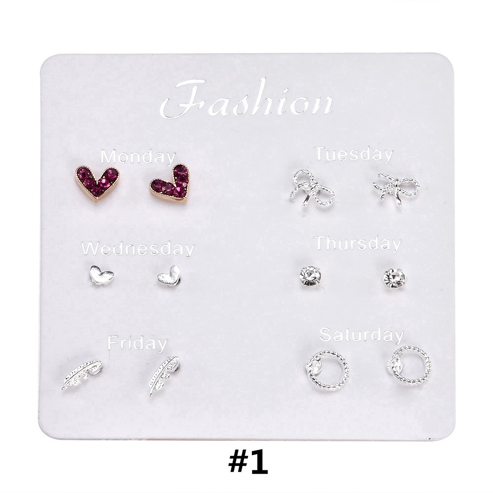 Set 6 cặp khuyên tai nhiều đính đá ngọc trai xinh xắn nhiều kiểu dáng thời trang cho nữ