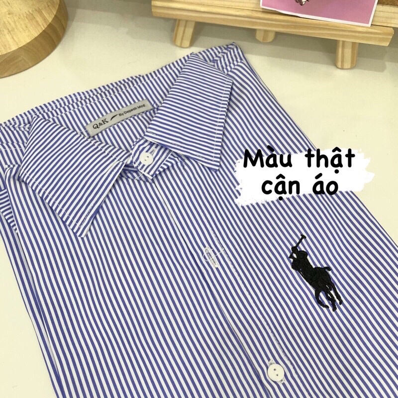 Áo sơ mi kẻ sọc thêu logo ngựa form rộng [Ảnh thật/Sẵn]