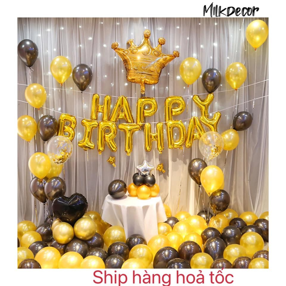Bộ Bóng Bay Chữ Happy Birthday Trang Trí Sinh Nhật SP06 TÔNG ĐEN VÀNG GOLD Đủ Phụ Kiện
