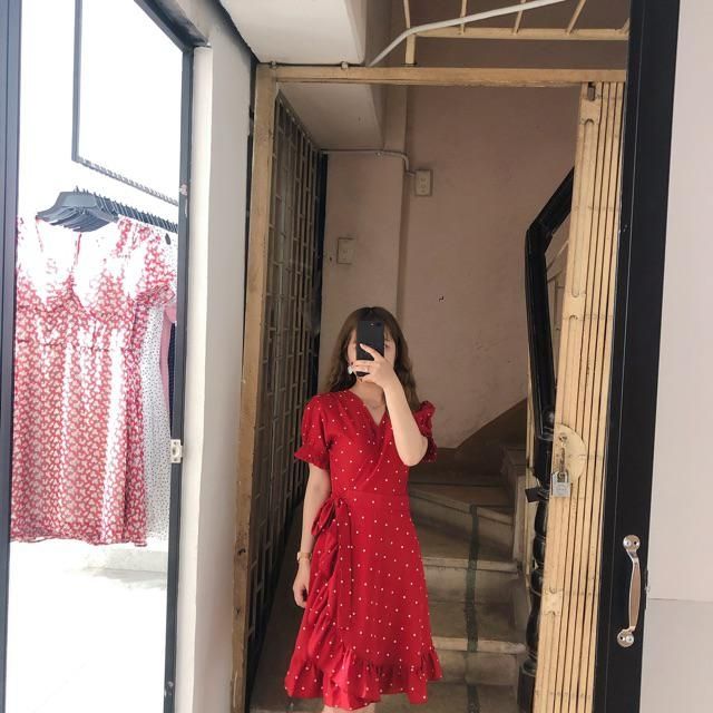 Đầm Nữ Đỏ Bi Đuôi Cá