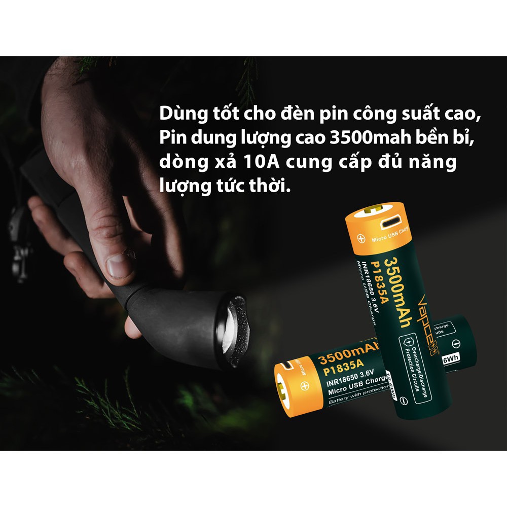 Pin sạc VAPCELL Li-ion 18650 dung lượng 3500mAH dòng xả 10A có cổng sạc USB