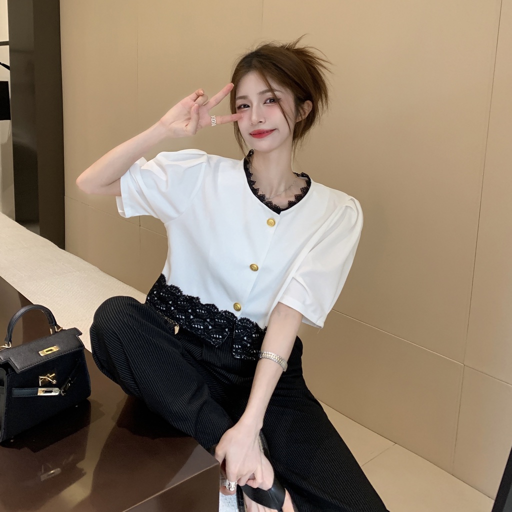 Áo lửng SUXI ngắn tay phối ren thời trang mùa hè dành cho nữ