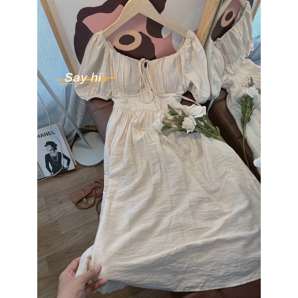 ĐẦM MIDI TAY NGẮN NHÍU NGỰC KHÔNG MÚT