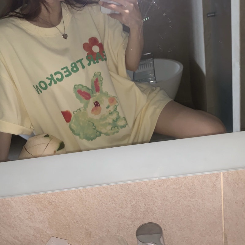 Áo thun SUXI tay ngắn dáng rộng in họa tiết chữ hoạt hình phong cách Hàn Quốc thời trang mùa hè cho nữ