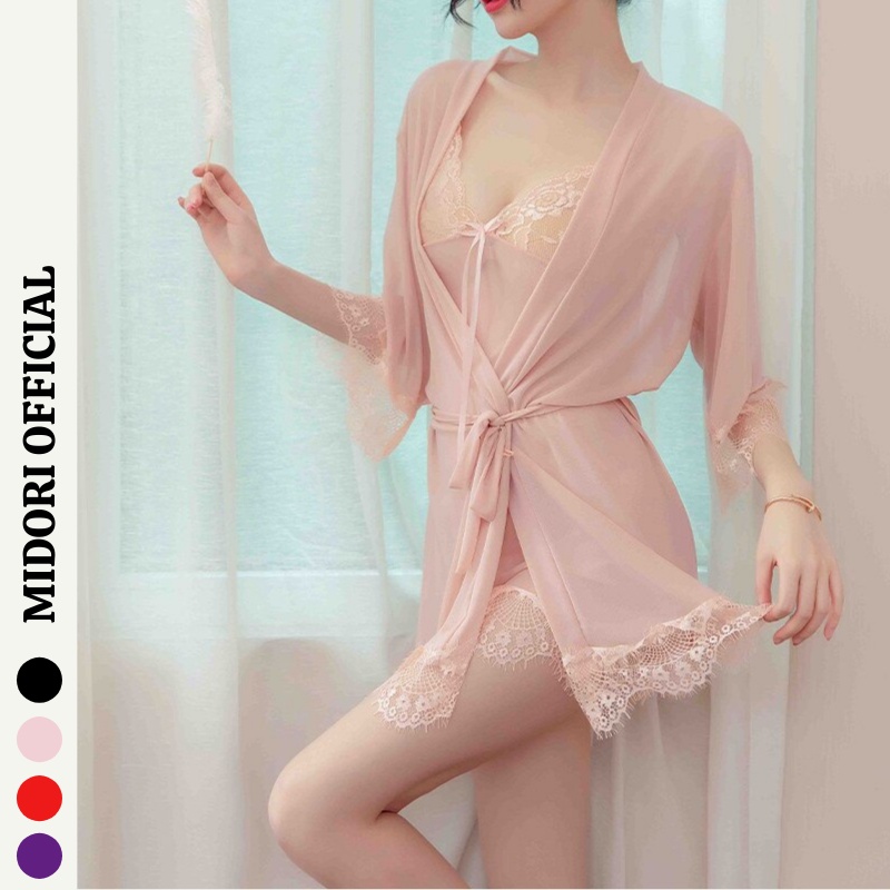 Váy ngủ sexy gợi cảm MIDORI chất ren voan cao cấp gồm áo 2 dây và áo choàng xuyên thấu freesize KL01- Đồ ngủ nữ