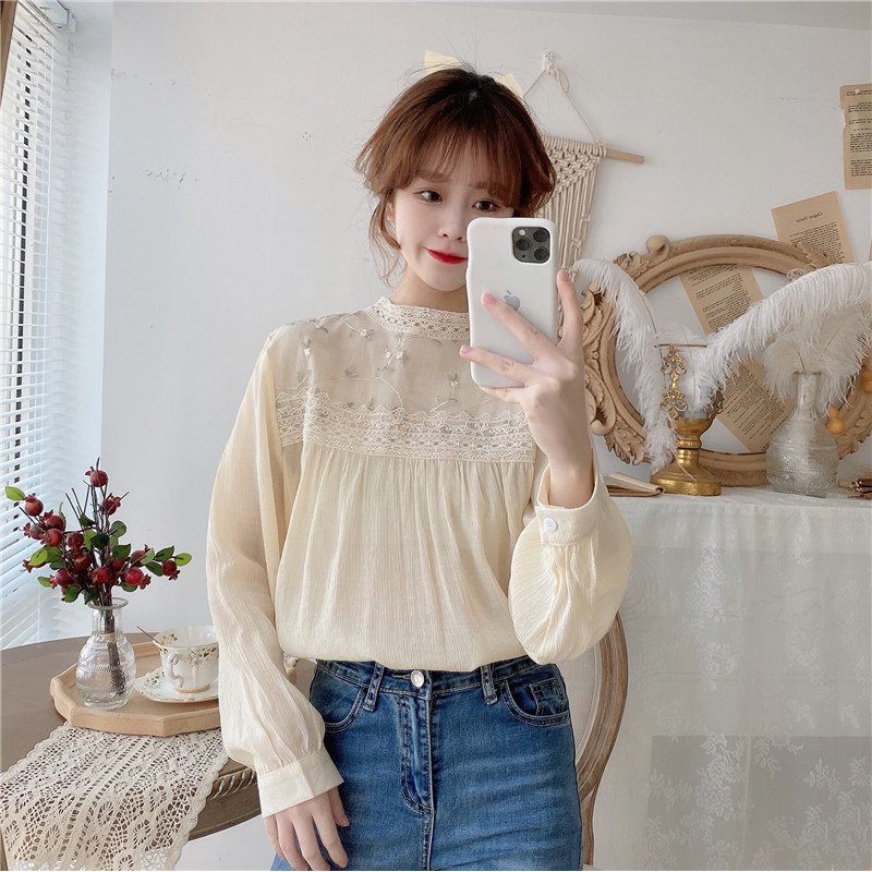 {EVACICI}   Áo sơ mi hoa ren ngực thời trang hot hit, Áo sơ mi cổ điệu dài tay ảnh thật