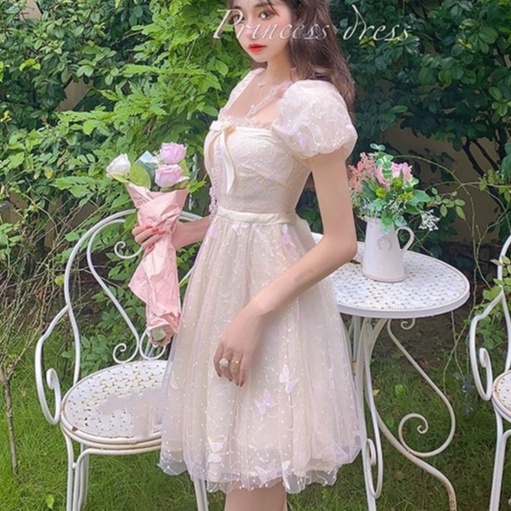 Đầm Công Chúa Cổ Vuông Tay Phồng Phối Lưới Eo Đính Nơ Thời Trang Mùa Hè Xinh Xắn