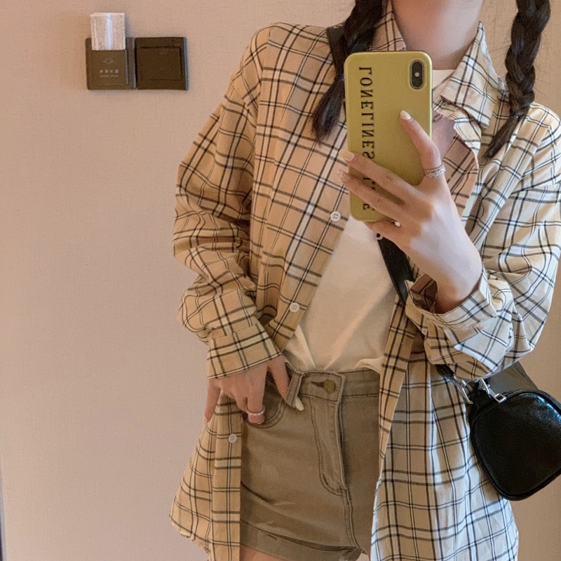 SUXI Áo Sơ Mi Tay Dài Dáng Rộng Kiểu Hàn Quốc Họa Tiết Sọc Caro Cá Tính