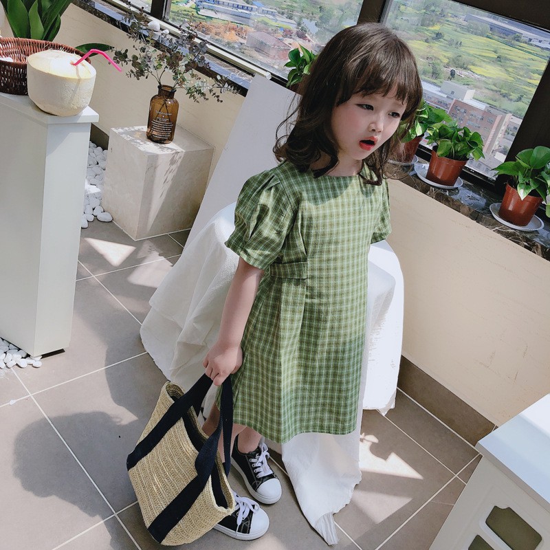 Đầm cotton ngắn tay họa tiết sọc ca rô thời trang mùa hè dành cho bé gái từ 1-8 tuổi