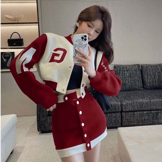 Set Đồ Thể Thao Gồm Áo Khoác Bóng Chày Tay Dài In Chữ + Chân Váy Lưng Cao Phong Cách Trung Hoa Thời Trang Mới