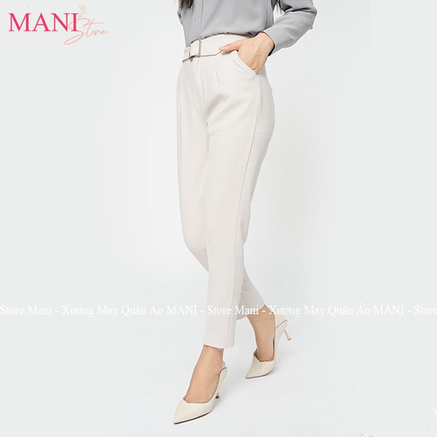 Quần baggy vải nữ kèm đai vuông sắt cúc bấm lệch cạp lưng cao màu đen xanh than mặc đi học làm công sở