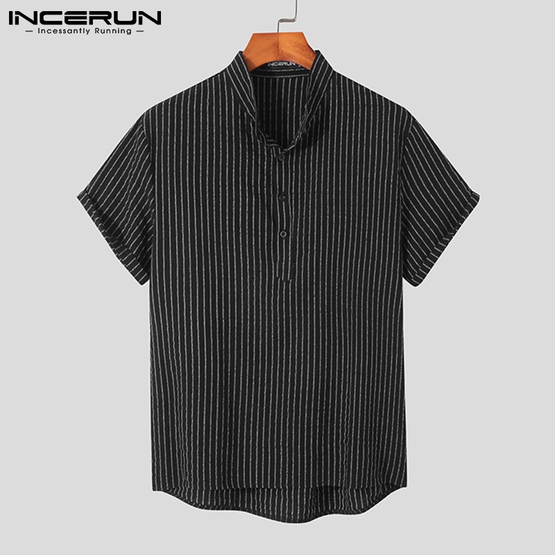 Áo sơ mi INCERUN ngắn tay cổ chữ v họa tiết kẻ sọc cài nút thời trang cho nam