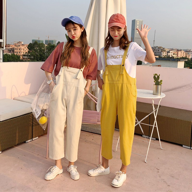 Quần yếm ulzzang quần yếm lửng kaki rộng ống suông quần yếm vàng kem kiểu dáng hàn quốc