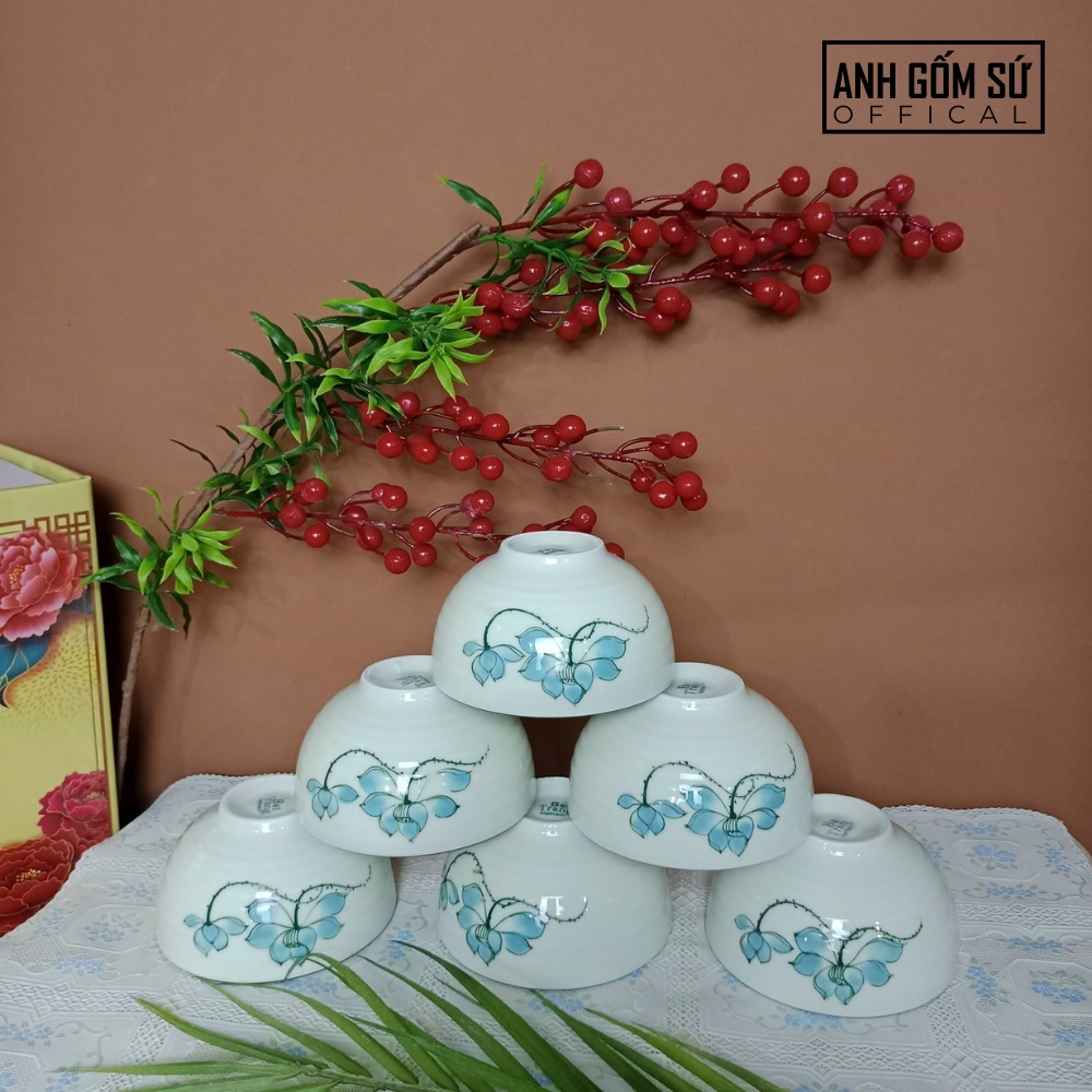 Bộ chén dĩa men kem, bộ bát đĩa sứ Bát Tràng, họa tiết sen xanh cao cấp 13 chi tiết, bán lẽ từng món