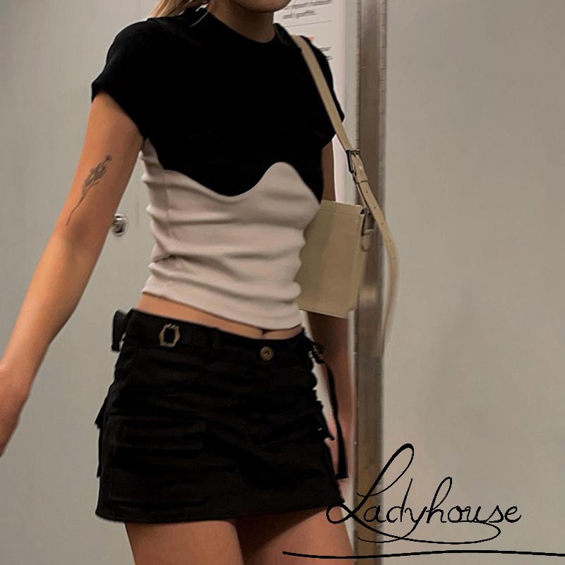 Áo Thun Tay Ngắn Cổ Tròn Màu Sắc Tương Phản Thời Trang Dành Cho Nữ