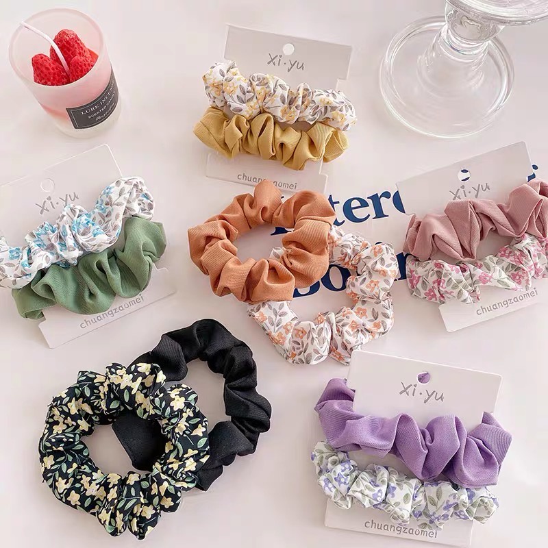 Cột tóc vải Scrunchies set 2 cái hoa và màu