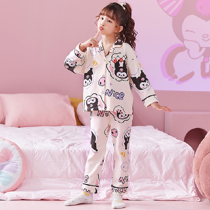 Bộ Đồ Ngủ Tay Dài Chất Cotton In Họa Tiết Hoạt Hình Phong Cách Hàn Quốc Xinh Xắn Cho Bé Gái