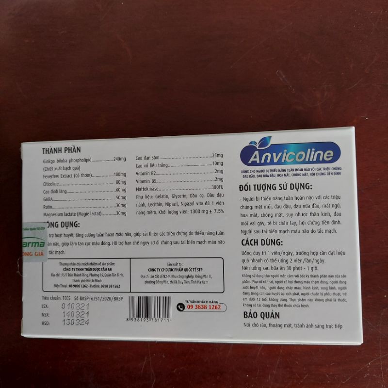 ANVICOLINE  - Hỗ trợ hoạt huyết, tăng cường tuần hoàn máu não.