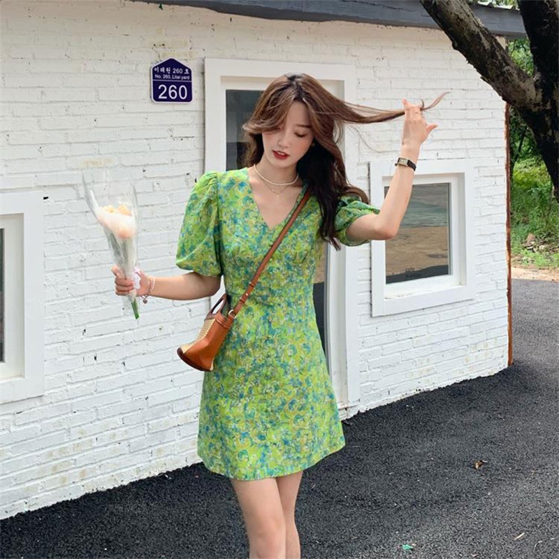 Đầm Chữ A Tay Ngắn Phồng Cổ Chữ V In Họa Tiết Hoa Phong Cách Pháp Cổ Điển Thời Trang Mùa Hè Cho Nữ