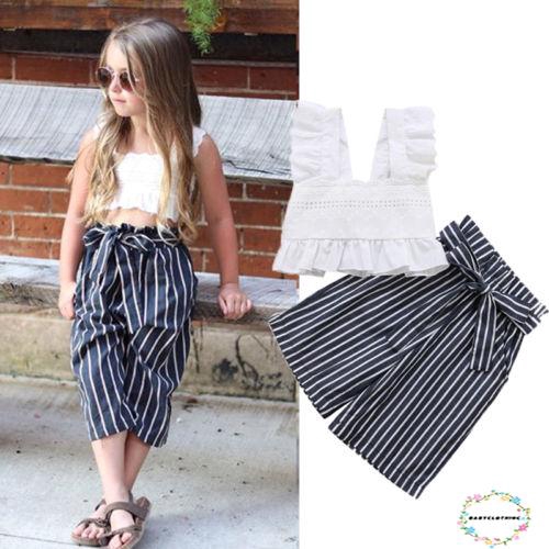 ღWSVღ2pcs Kids Baby Girls Outfits Casual T-shirt Tops Long Bowknot Pants Clothes Set