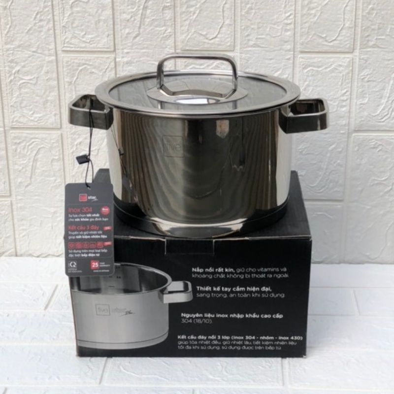 Nồi inox 304 3 đáy đun bếp từ Fivestar size 20cm - 24cm
