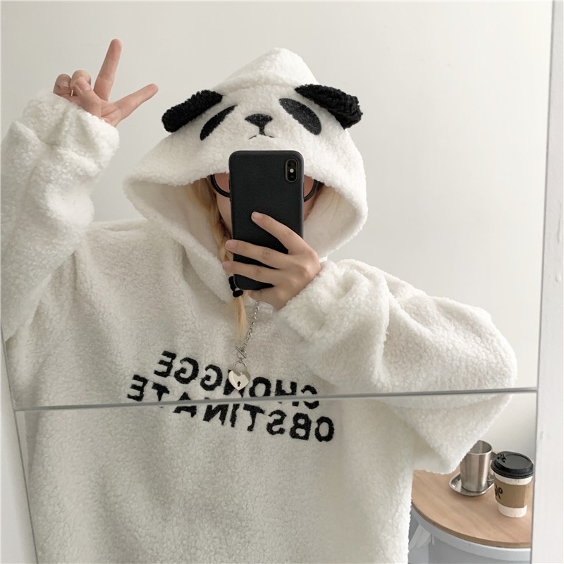 Áo hoodie vải bông tay dài nón tai gấu trúc cute couple nam nữ thêu chữ ulzzang ( 2 màu )