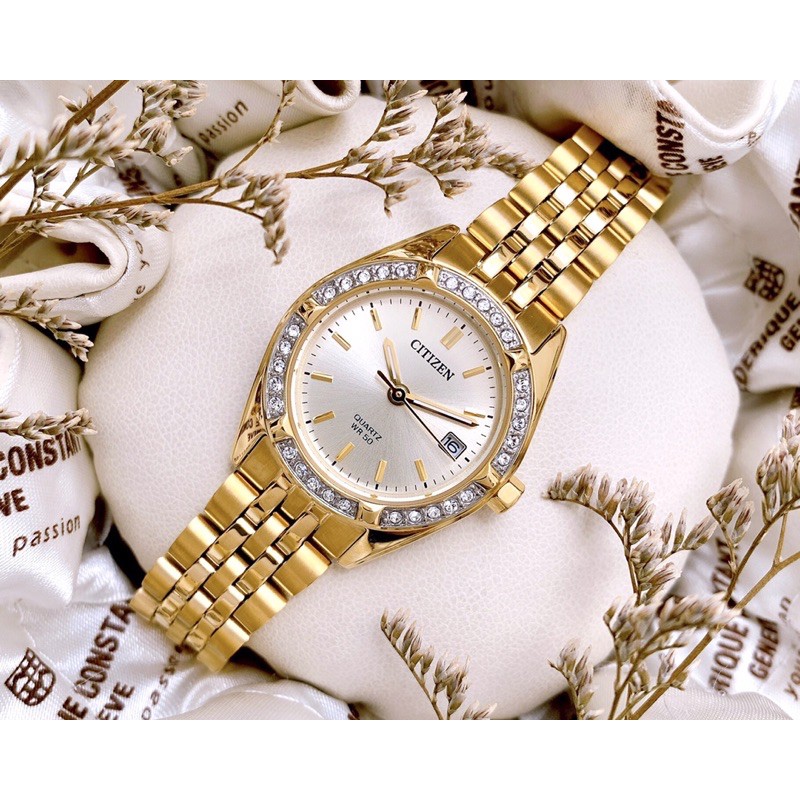 Đồng hồ nữ chính hãng Citizen EU6062-50P Full vàng đính đá size 26mm Dây kim loại