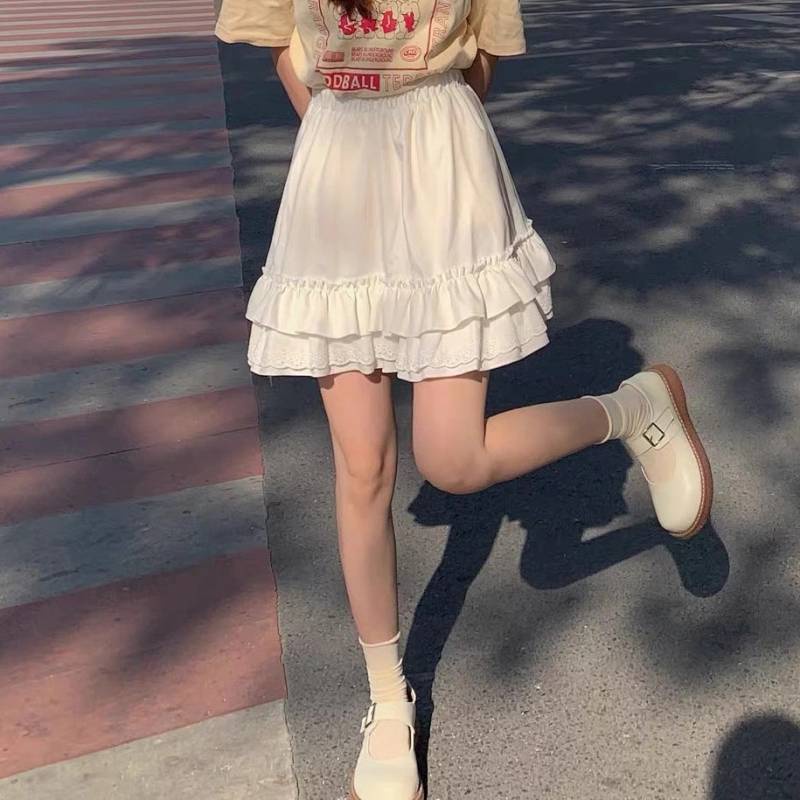 Chân váy chữ A lưng cao xếp ly phối ren phong cách Nhật Hàn xinh xắn cho nữ