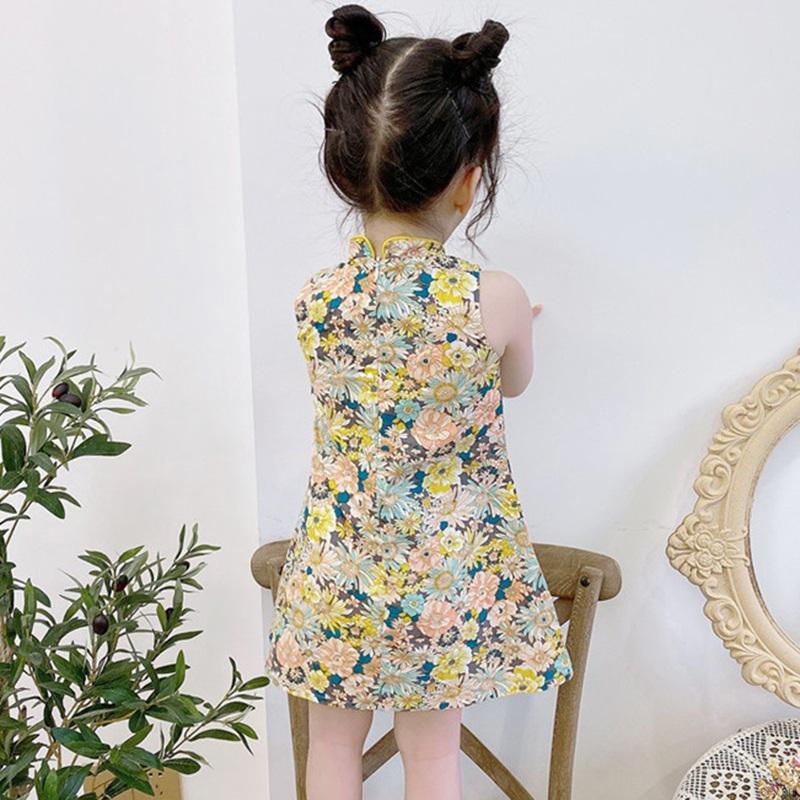 Đầm sườn xám không tay in họa tiết phong cách Trung Quốc thời trang cho bé gái